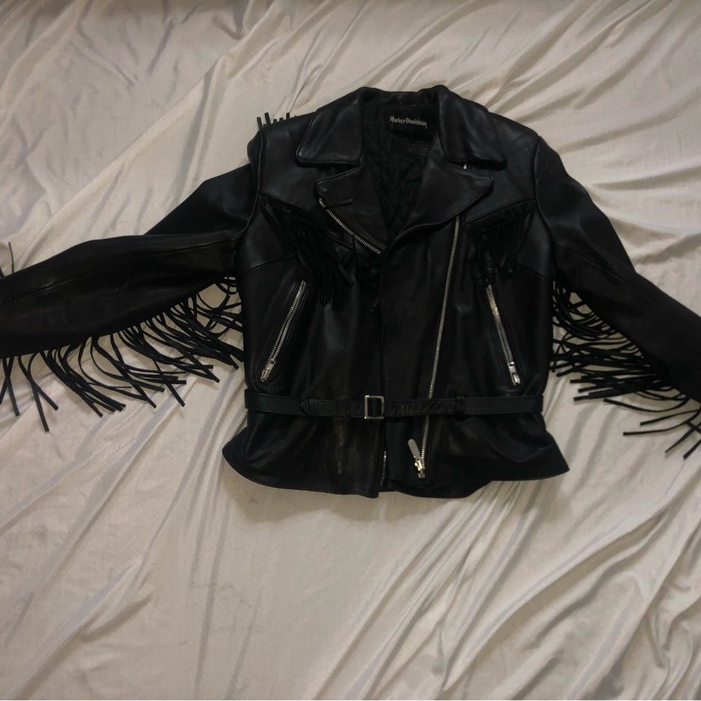 Harley Davidson, woman’s fringe jacket, leather